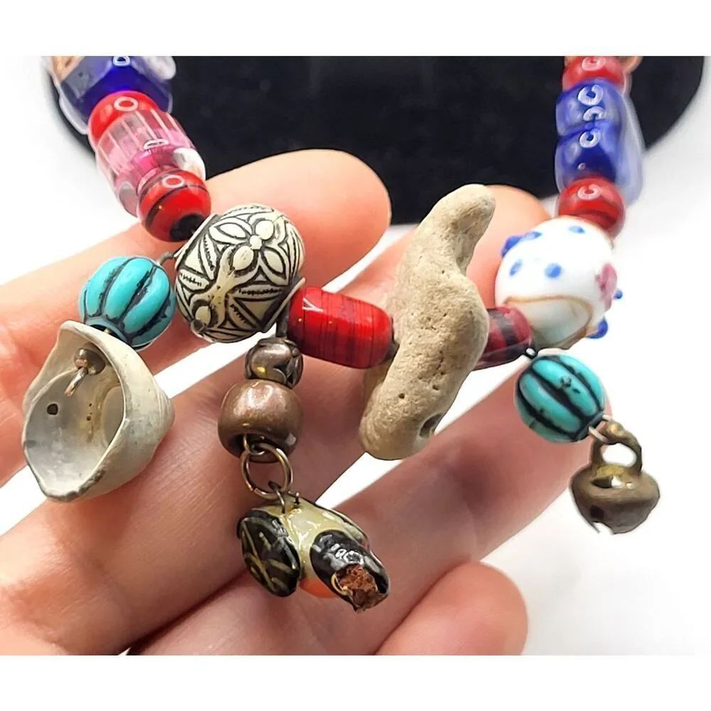 Native Artisan Chunky Funky Blown Glass Silver Shell Ceramic Stone Necklace 25in